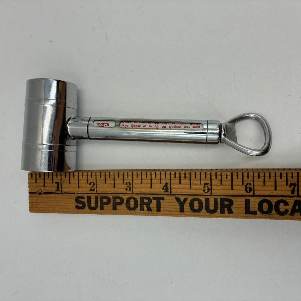 Vintage Chrome Hammer Bar Tool Jigger Bottle Opener Rotating Recipe Guide 6.5 in
